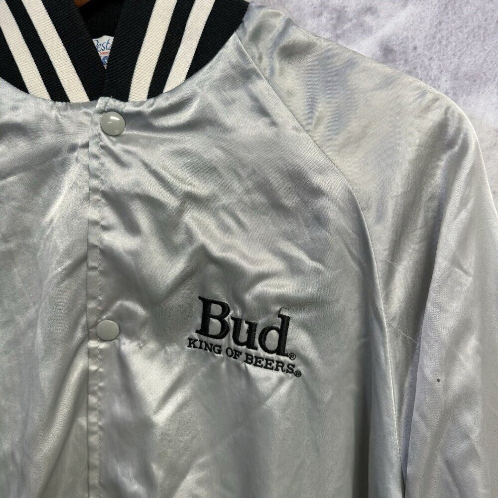Vintage Bud King of Beers Jacket Mens XL Silver Bomber Embroidered 80s USA